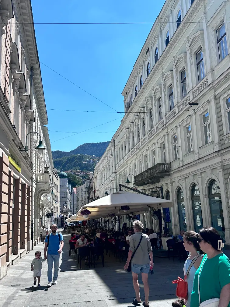 Austro-Hungarian architecture lining a street in downtown Sarajevo