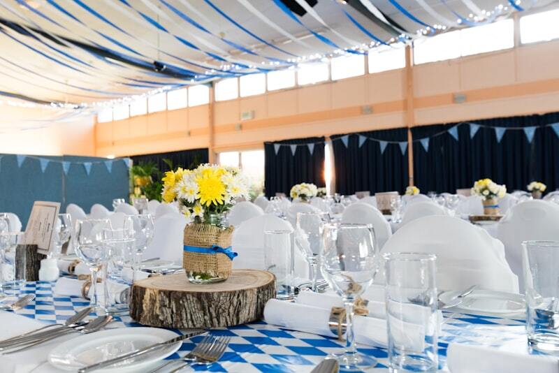 Elegant destination wedding reception table setup at sunset